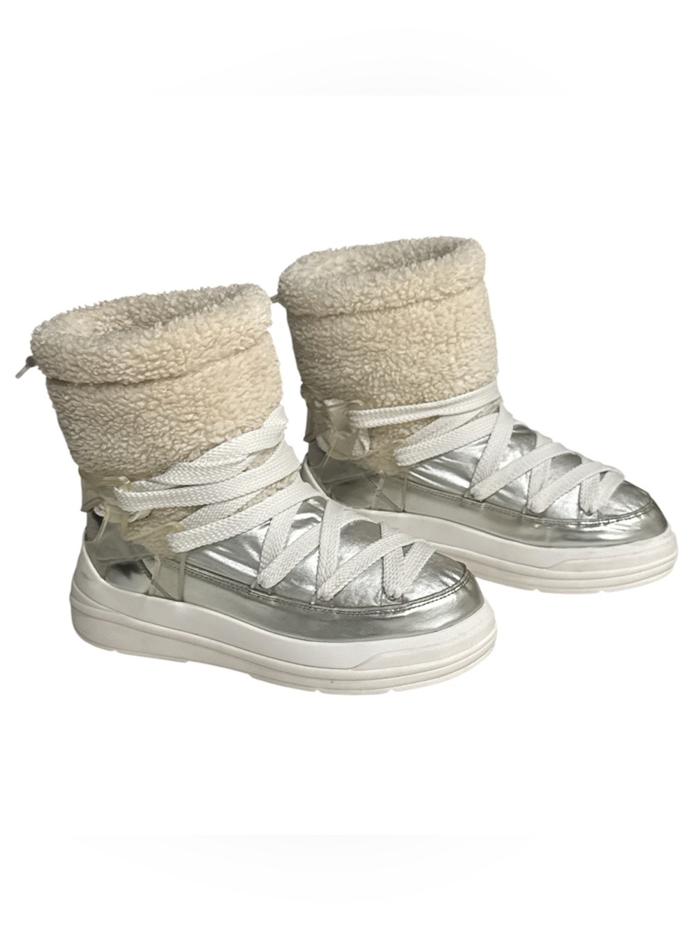 Silver Metallic Sherpa-Lined Lace-Up Platform Boots